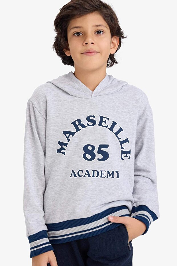 Boy's Gray Text Printed Hooded Thick Sweatshirt C9788A824Au