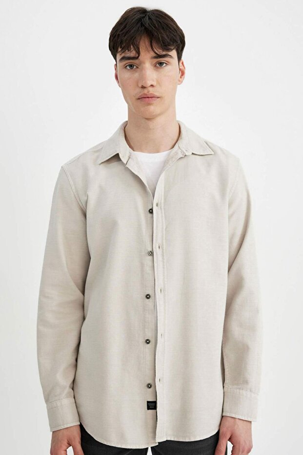 Men's Beige Slim Fit Slim Fit Polo Collar Plain Cotton Long Sleeve Shirt A4644Ax24Au
