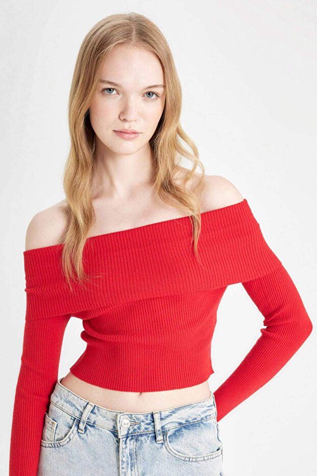 سترة تريكو بقصة ضيقة مكشوفة الكتفين - قصة أساسية مستقيمة B6537ax24wn - 1