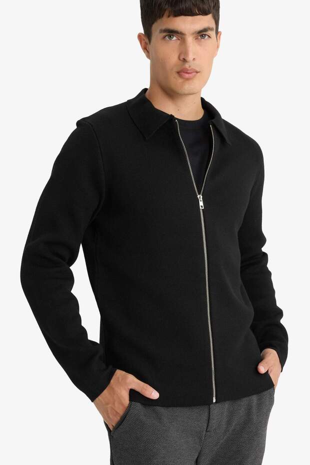 Standard Fit Polo Collar Basic Plain Zippered Knitwear Cardigan D3592Ax24Wn