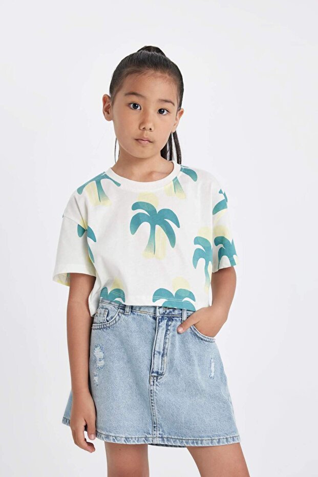Crop Crew Neck Patterned Short Sleeve T-Shirt Girls D1288A824Hs