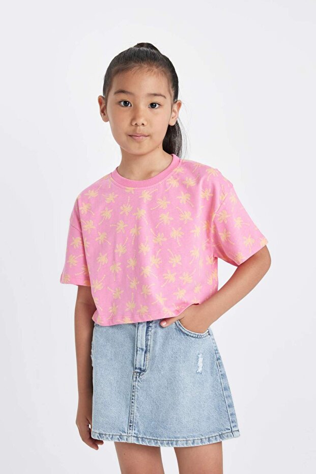 Crop Crew Neck Patterned Short Sleeve T-Shirt Girls D1288A824Hs
