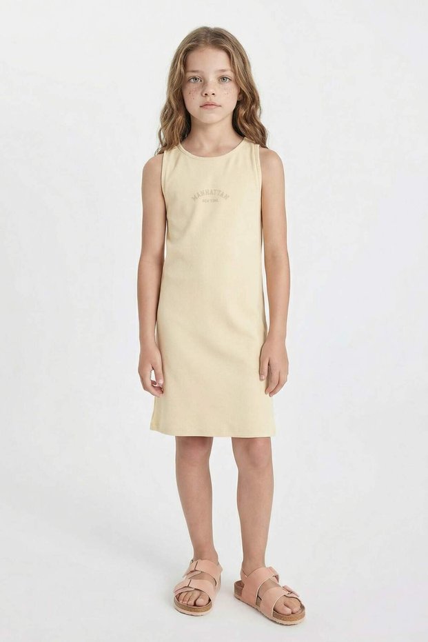 Girls' Printed Ribbed Camisole Sleeveless Summer Dress D4106A824Hs