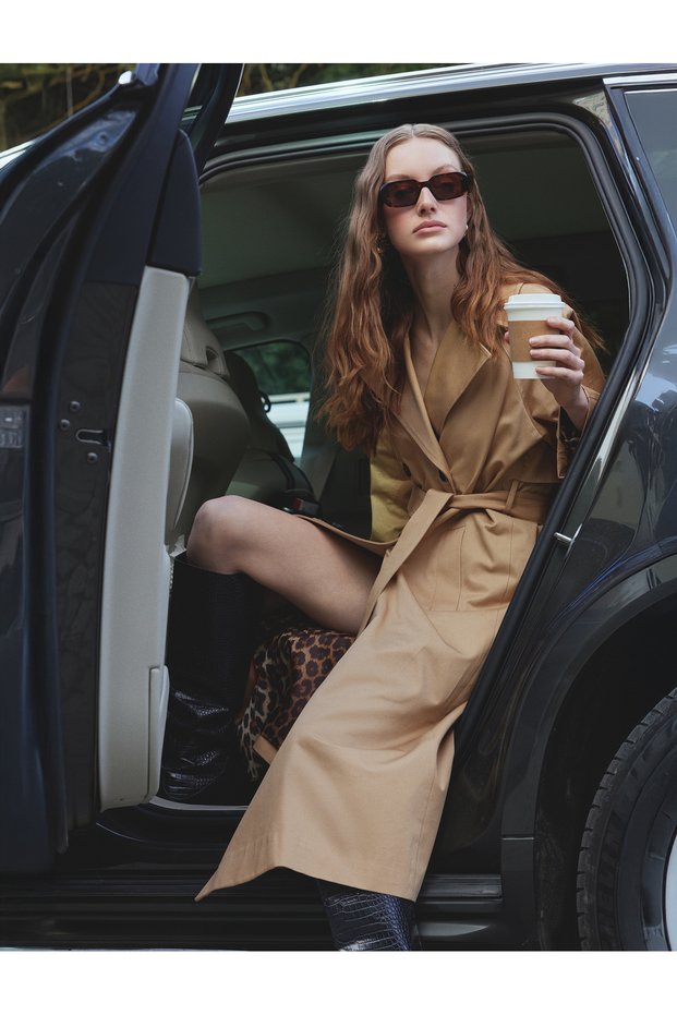 Gabardine Double Breasted Extra Long Trench Coat with Leopard Print Lining Inside and Belt