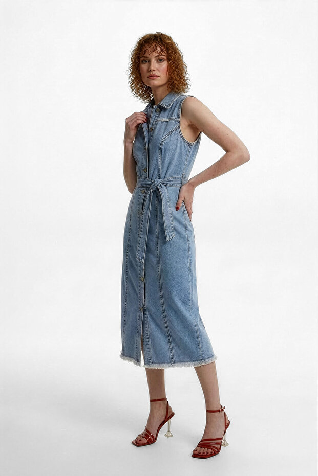 Women's Belted Buttoned Sleeveless Light Blue Jean Dress
