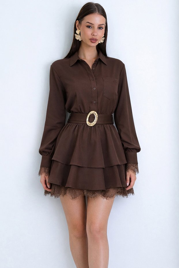 Brown Single Pocket Skirt Layered Lace Detailed Belted Shirt Dress Alc-X15227