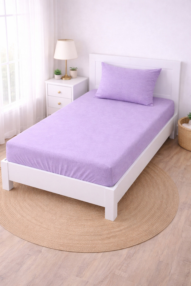 Single Lilac Purple Fitted Sheet Set 90X190 cm + 20 cm Height 100% Cotton