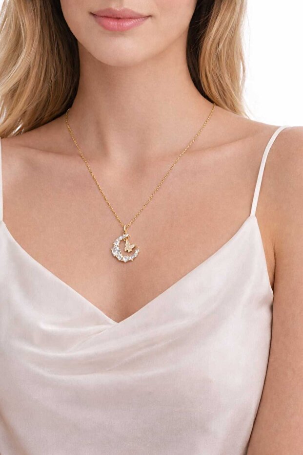 Butterfly Detailed Stone Moon Necklace
