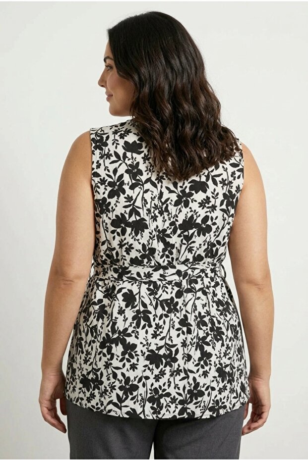 Plus Size V-Neck Zero Sleeve Front Belted Patterned Blouse 322682 - 6