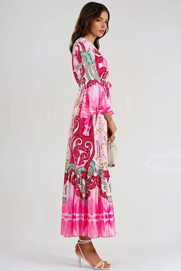 فستان ماكسي مزين بكشكشة وياقة على شكل حرف V من MSN منقوش - 5