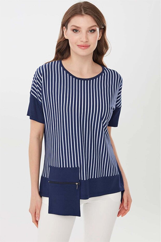 Women's Crew Neck Striped Pocketed Combed Cotton T-Shirt Navy Blue