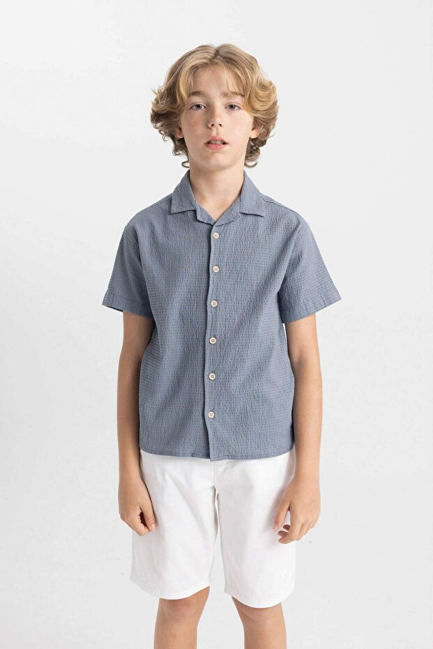 Oversize Wide Fit Polo Collar Seersucker Textured Short Sleeve Shirt for Boys C5234A824Hs