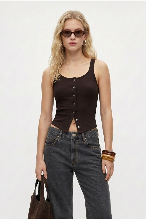 Women's Olivia Lux Touch U Neck Snap Strap Brown Top / Blouse