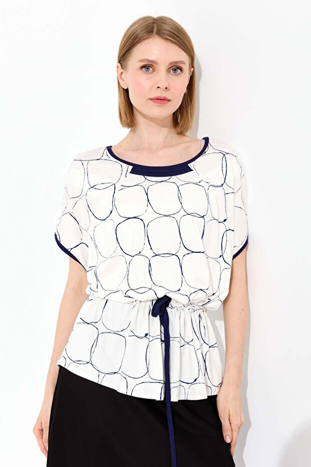 Women's Crew Neck Two Color Combed Cotton T-Shirt Ecru/Navy