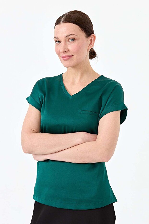 Women's V-Neck Front Satin Blouse Green