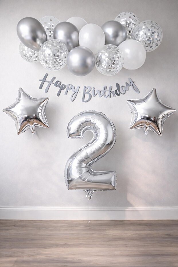 Silver Concept 2 Year Birthday Celebration Set White Silver Confetti Balloon Number Star Foil and Banner