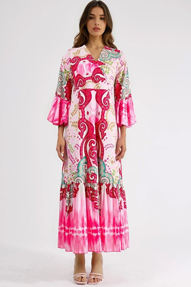 فستان ماكسي مزين بكشكشة وياقة على شكل حرف V من MSN منقوش - 7