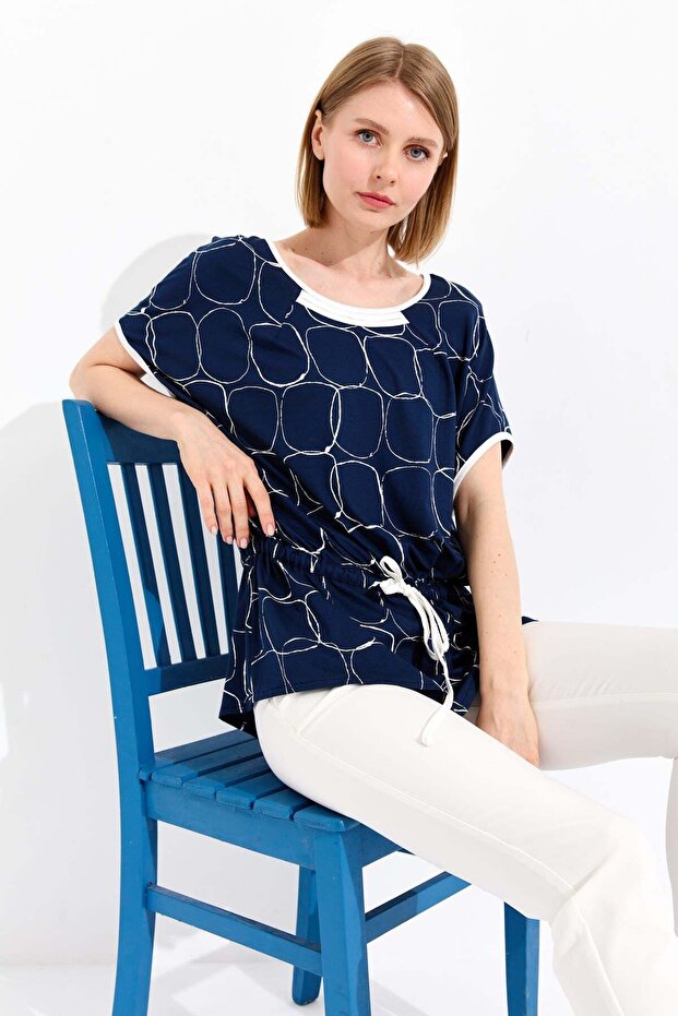 Women's Crew Neck Two Color Combed Cotton T-Shirt Navy/Ecru