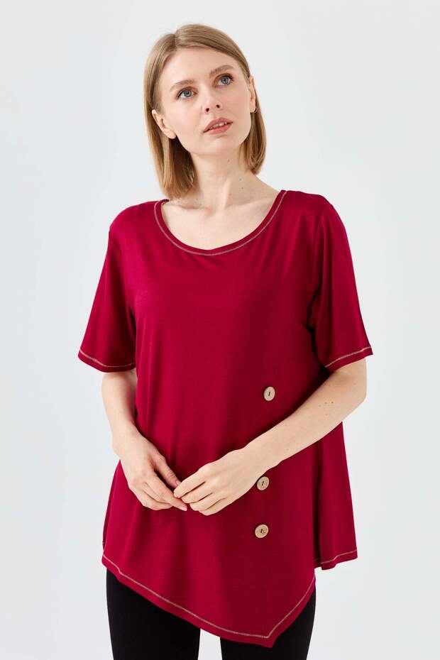 Women's Crew Neck Front Wooden Buttoned Combed Cotton T-shirt Claret Red