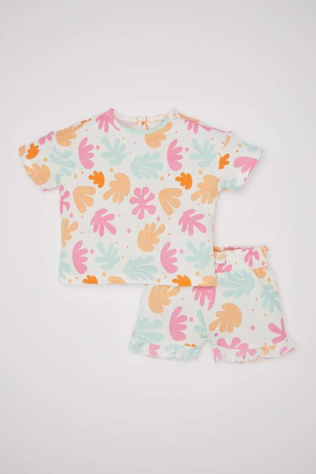 Baby Girl 2 Piece Set Patterned Waffle Crew Neck Short Sleeve T-Shirt Shorts C9469A524Sm