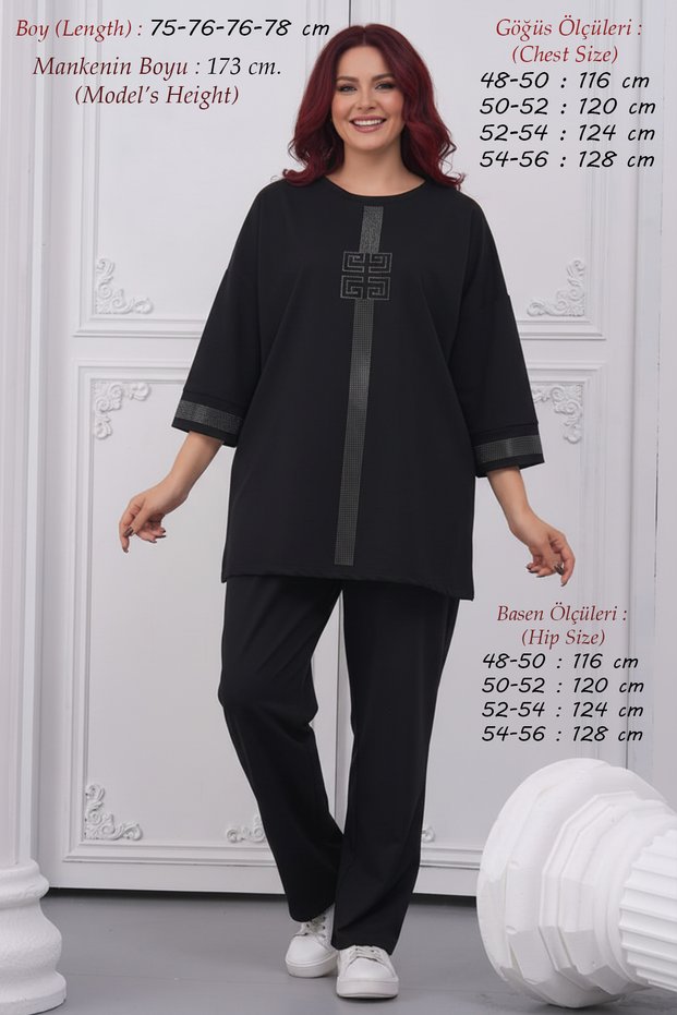 Plus Size Women's Spring Summer Two-Thread Combed Cotton Fabric Pants Blouse Black Double Mother Stone Set