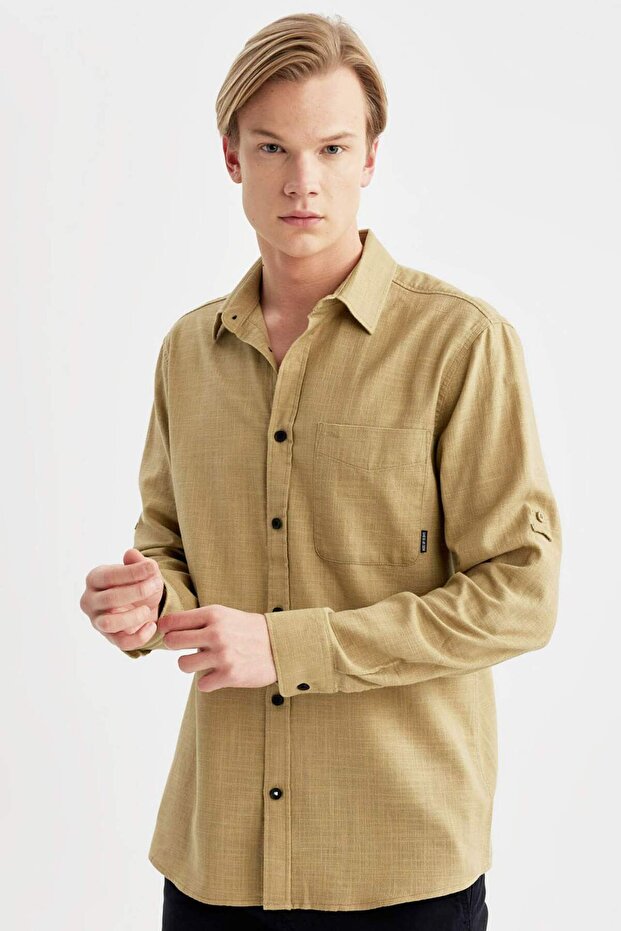 100% Cotton Regular Fit Long Sleeve Shirt with Pockets B5587Ax24Sp