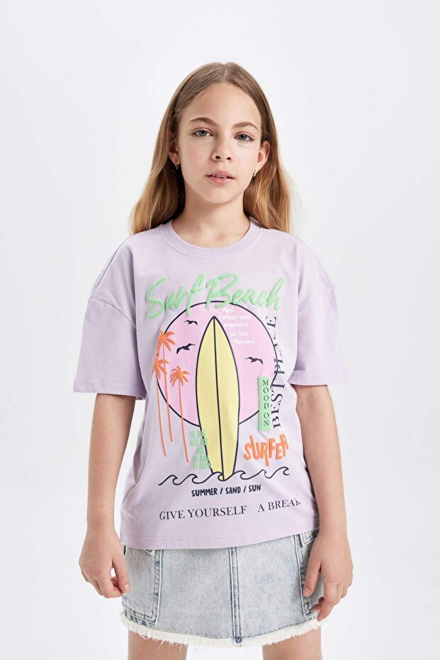 Girl's Relax Fit Crew Neck Printed Short Sleeve T-Shirt C4451A824Hs