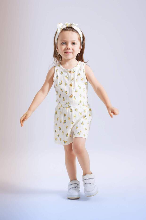 Floral Patterned Ribbed Jumpsuit and Headband Set of 2 for Baby Girl - C4541a524sm