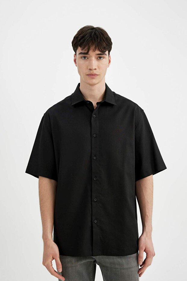 Relax Fit Summer Flowy Fabric Short Sleeve Black Shirt C4316Ax24Sm
