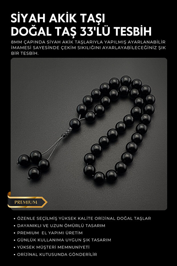 Original Natural Stone 8mm Black Agate 33-Piece Prayer Beads, Men's Gift, Handmade Prayer Beads (Adjustable Imame)