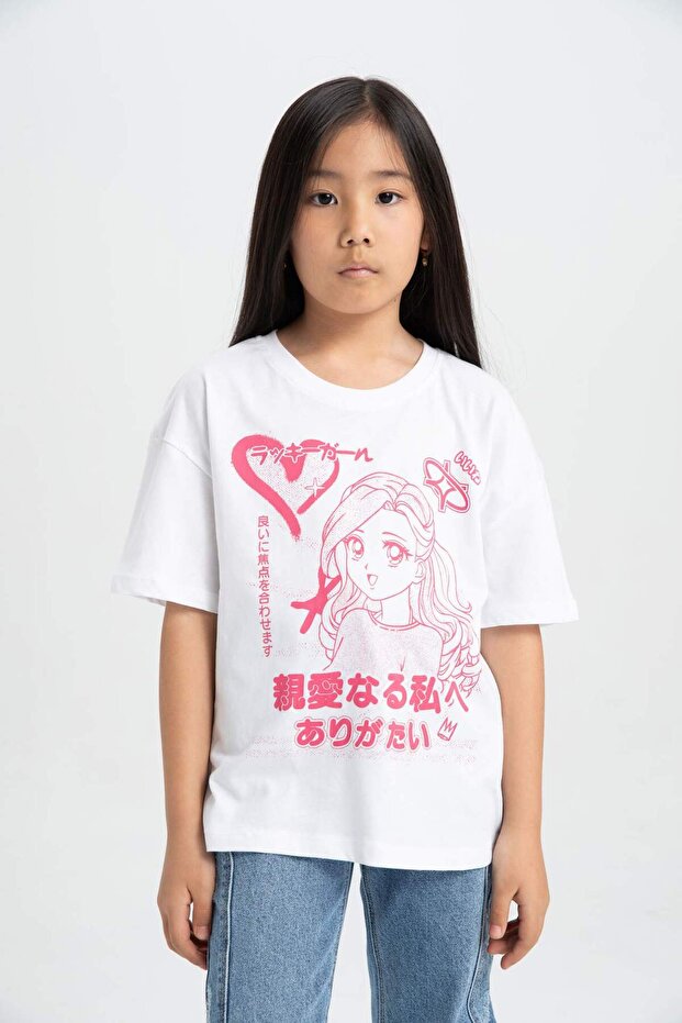 Girls' Relax Fit Crew Neck Printed Short Sleeve T-Shirt C4503A824Hs