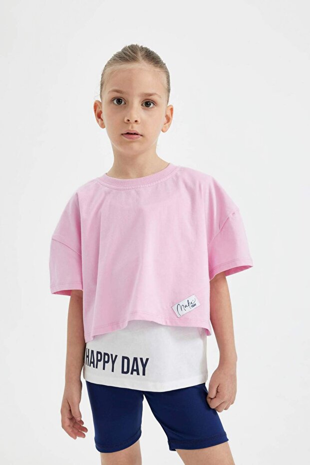 2-Piece Set Oversize Wide Fit Crew Neck Printed Short Sleeve T-Shirt with Straps Undershirt for Girls C4723