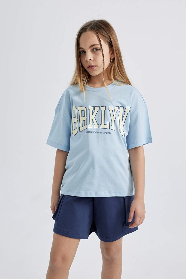 Girls' Relax Fit Crew Neck Printed Short Sleeve T-Shirt B5167A824Hs