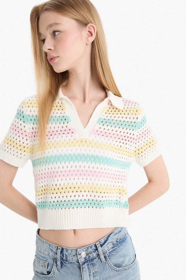 Polo Neck Colorful Crochet Short Sleeve Knitwear T-Shirt C6889Ax24Sp