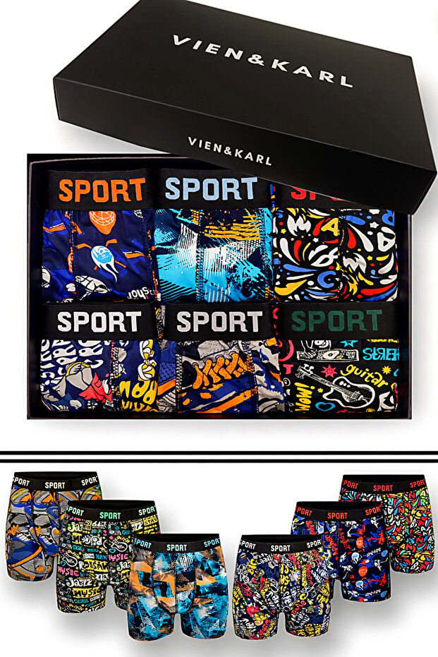 Vien&Karl Erkek Desenli 6’lı Premium Penye Kutu Pamuklu Likralı Boxer