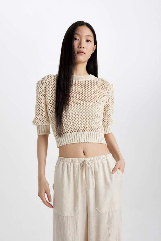 Crew Neck Half Sleeve Crochet Knitwear T-Shirt C9165Ax24Sm