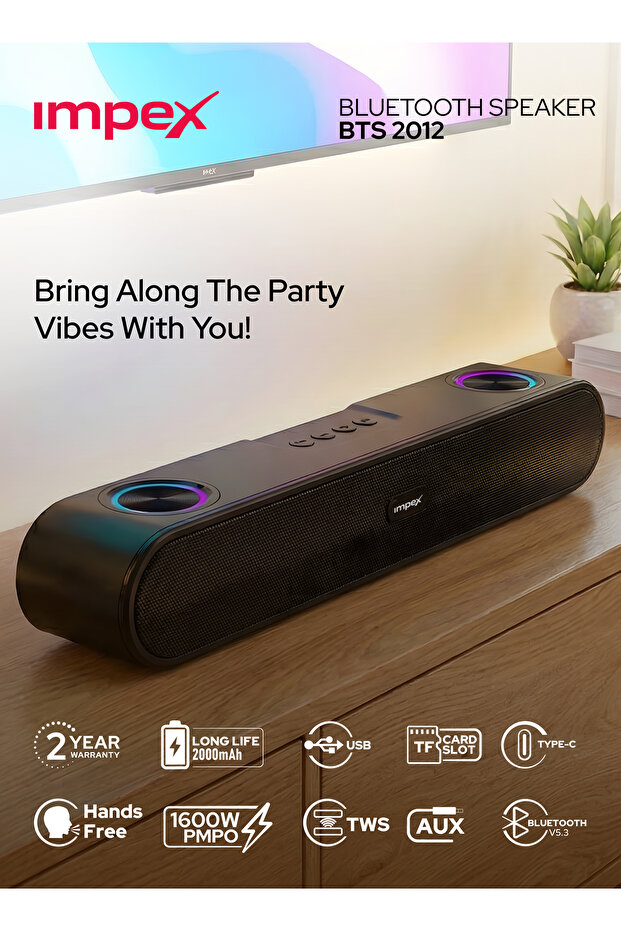 Impex Bluetooth Speaker with 1600W PMPO, 2000mAh Battery, Bluetooth 5.3, RGB Lights