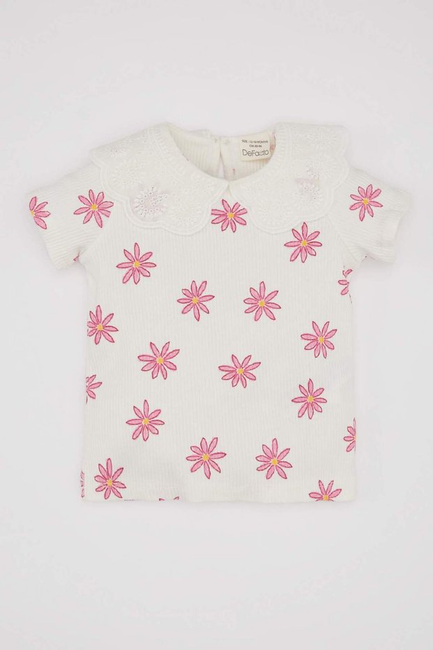 Baby Girl Lace Collar Floral Ribbed Camisole Short Sleeve T-Shirt C2237A524Sm