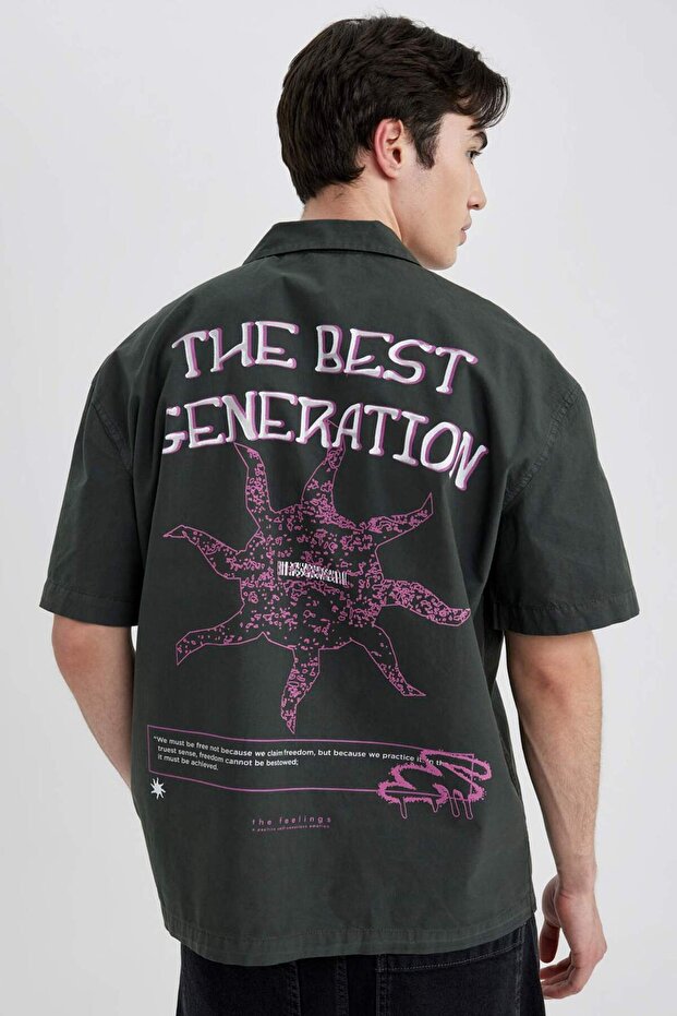Relax Fit Apaş Collar Back Printed Cotton Short Sleeve Shirt B9778Ax24Sm