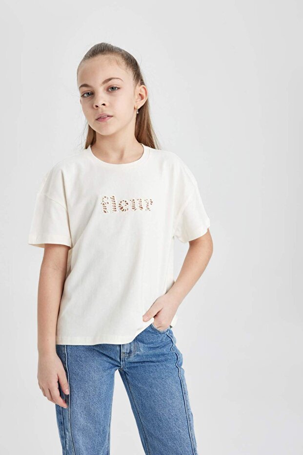 Girls' Crew Neck Printed Short Sleeve T-Shirt C0601A824Sm