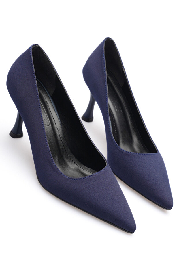 Navy Blue Matte Satin Pointed Toe 8 cm Heeled Sara Stiletto Women's Shoes