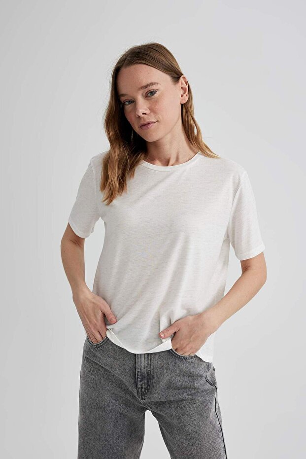 Relax Fit Crew Neck Glittery Fabric Short Sleeve T-Shirt C1662Ax24Sp