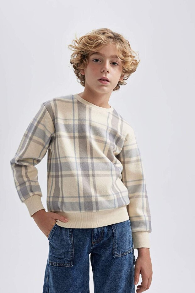 Boy's Crew Neck Patterned Flannel Sweatshirt B5390A823Wn