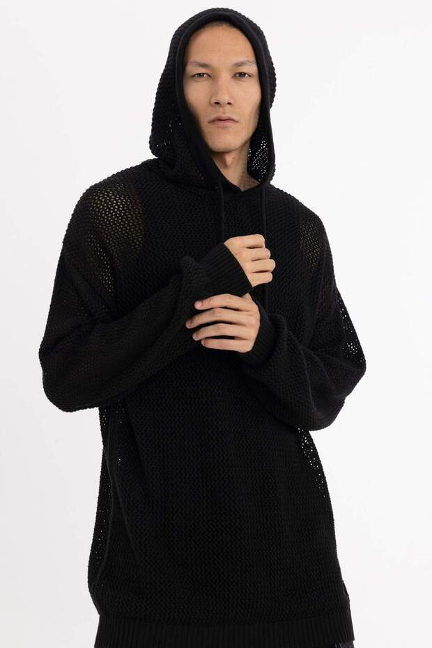 Regular Fit Hooded Crochet Perforated Knitwear Sweatshirt C0012Ax23Wn