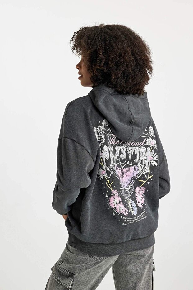 Oversized Wide Fit Back Printed Hooded Light Wash Effect Thick Sweatshirt B7282Ax23Wn