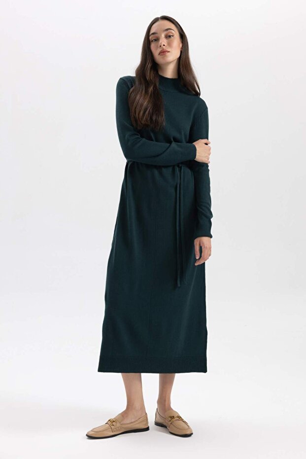 Regular Fit Half Turtleneck Basic Slit Long Sleeve Maxi Knitwear Dress A9807Ax23Wn