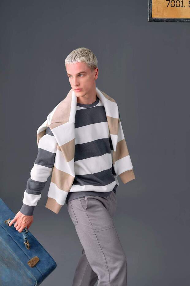 Boxy Fit Crew Neck Striped Woven Label Sweatshirt A9066Ax23Au