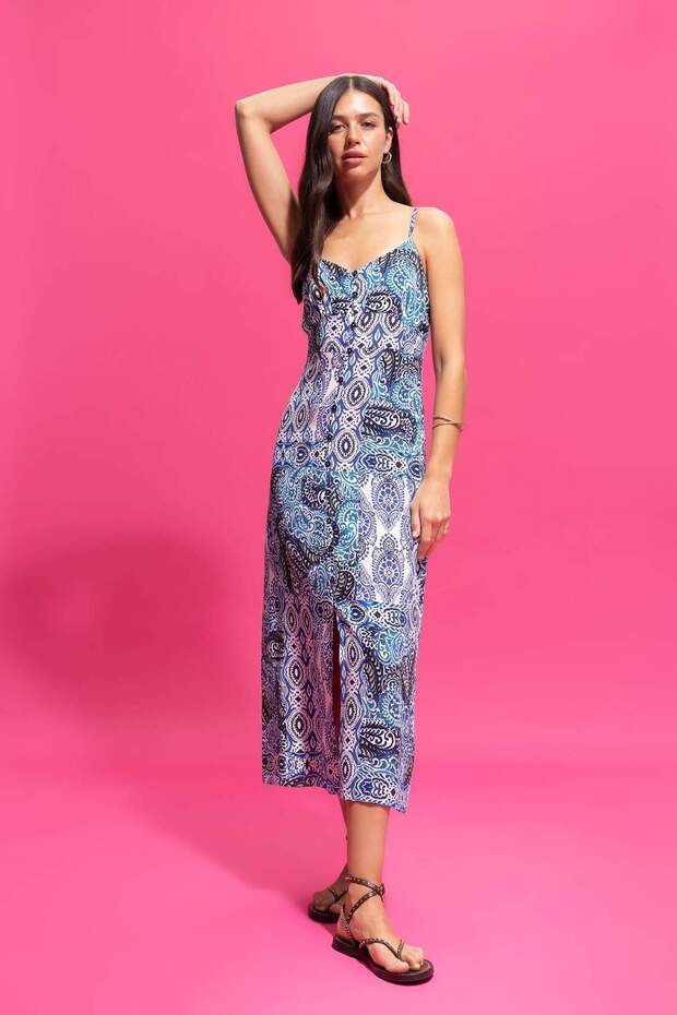 Heart Collar Ethnic Patterned Moroccan Midi Strap Dress A9178Ax23Hs