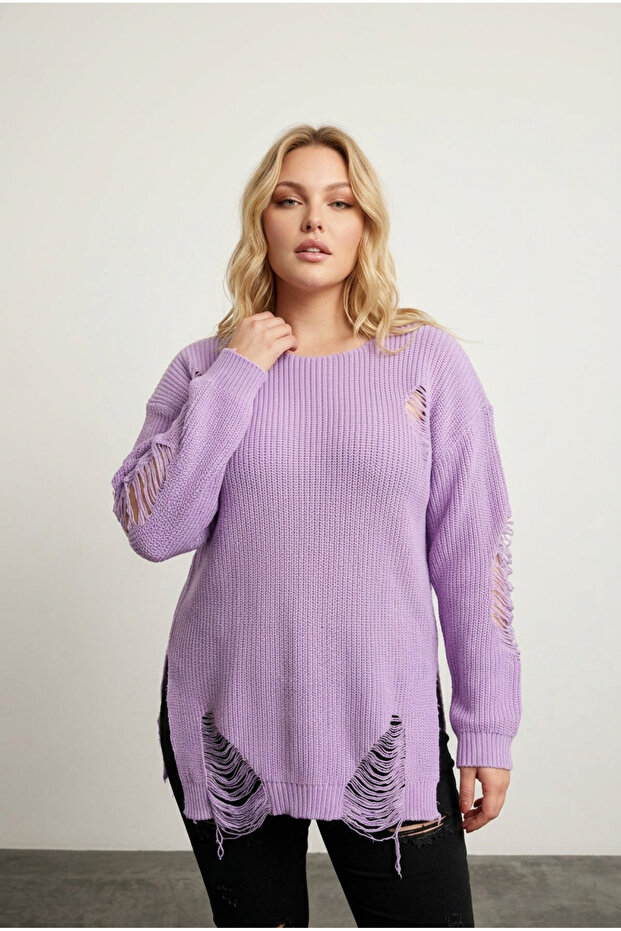 Plus Size Long Sleeve Crew Neck Ripped Detail Knitwear Sweater T-3