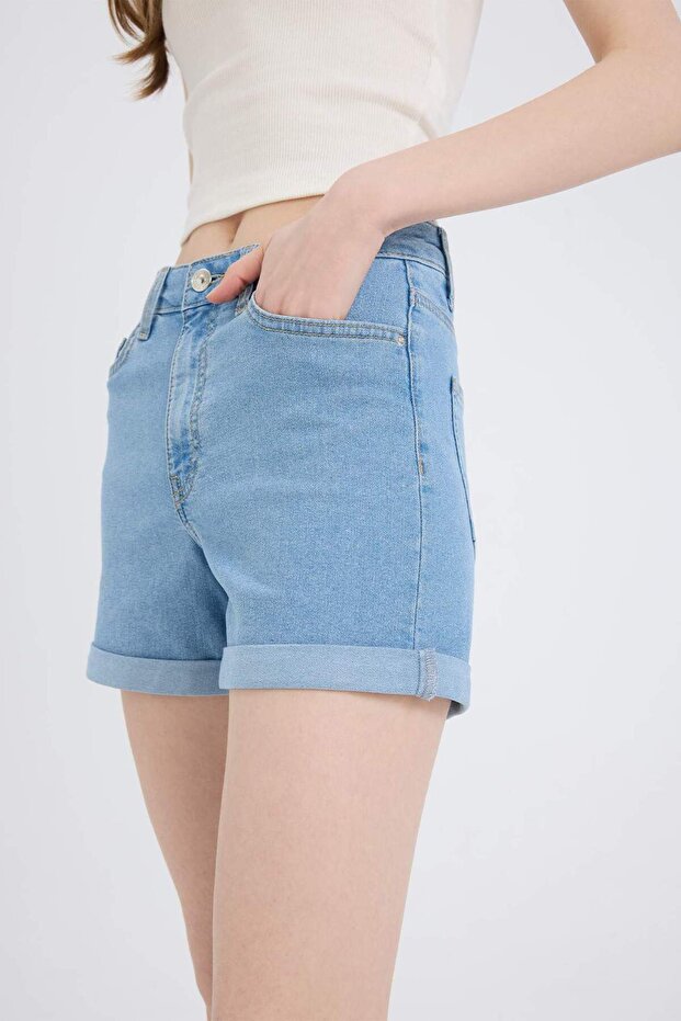 Normal Bel Katlamalı Paça Basic Düz Jean Şort A1959AX23SM - 6